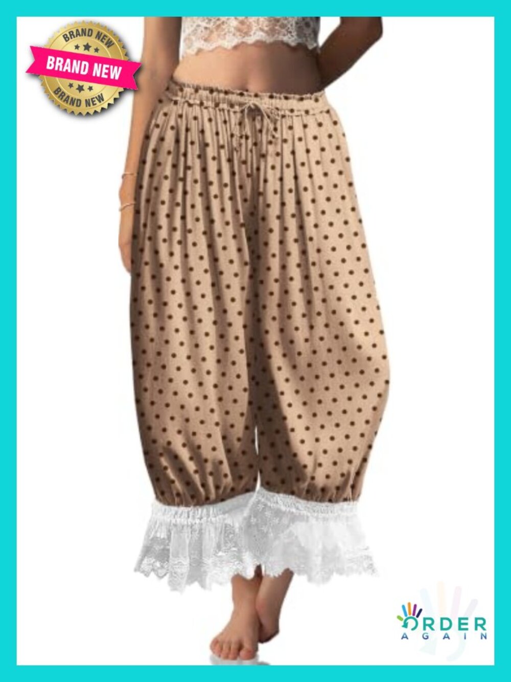 Linen Lace Trim Long Bloomers Pants with Pocket